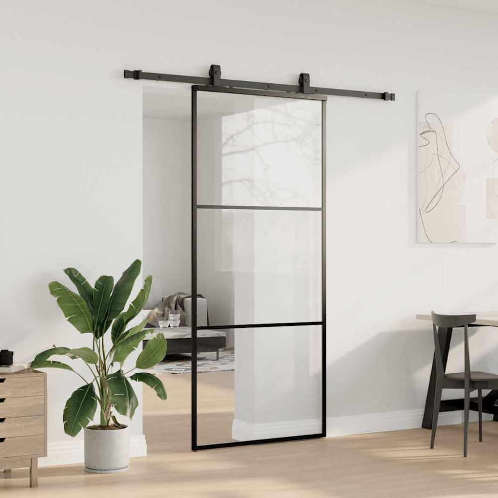 Produktbild för Skjutdörr med beslag svart 90x205 cm ESG-glas