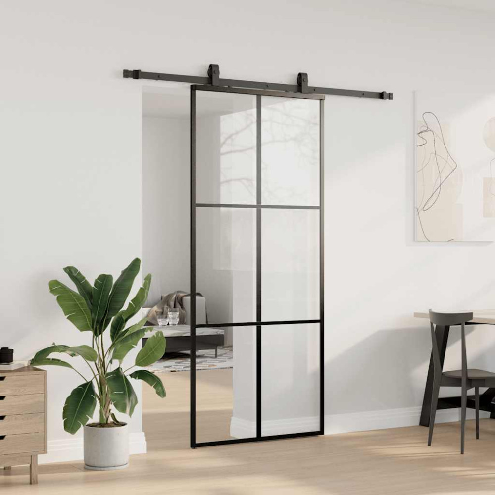 Produktbild för Skjutdörr med beslag svart 90x205 cm ESG-glas
