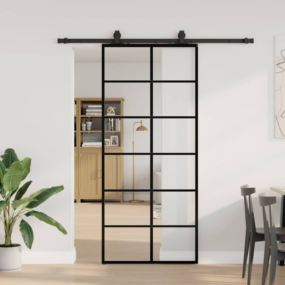 Produktbild för Skjutdörr med beslag svart 90x205 cm ESG-glas