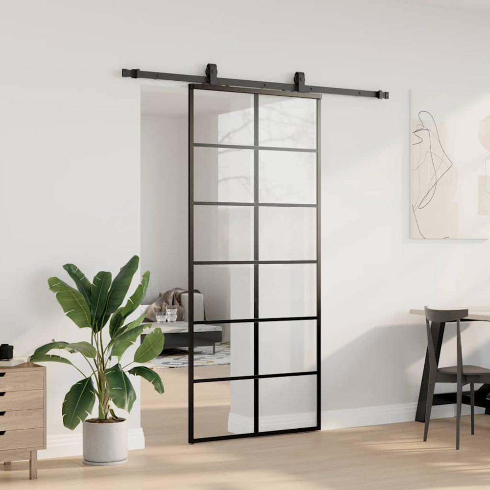 Produktbild för Skjutdörr med beslag svart 90x205 cm ESG-glas