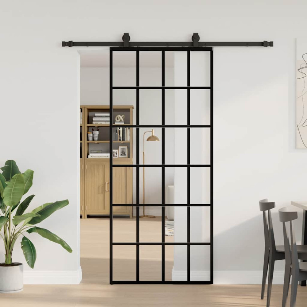 Produktbild för Skjutdörr med beslag svart 90x205 cm ESG-glas