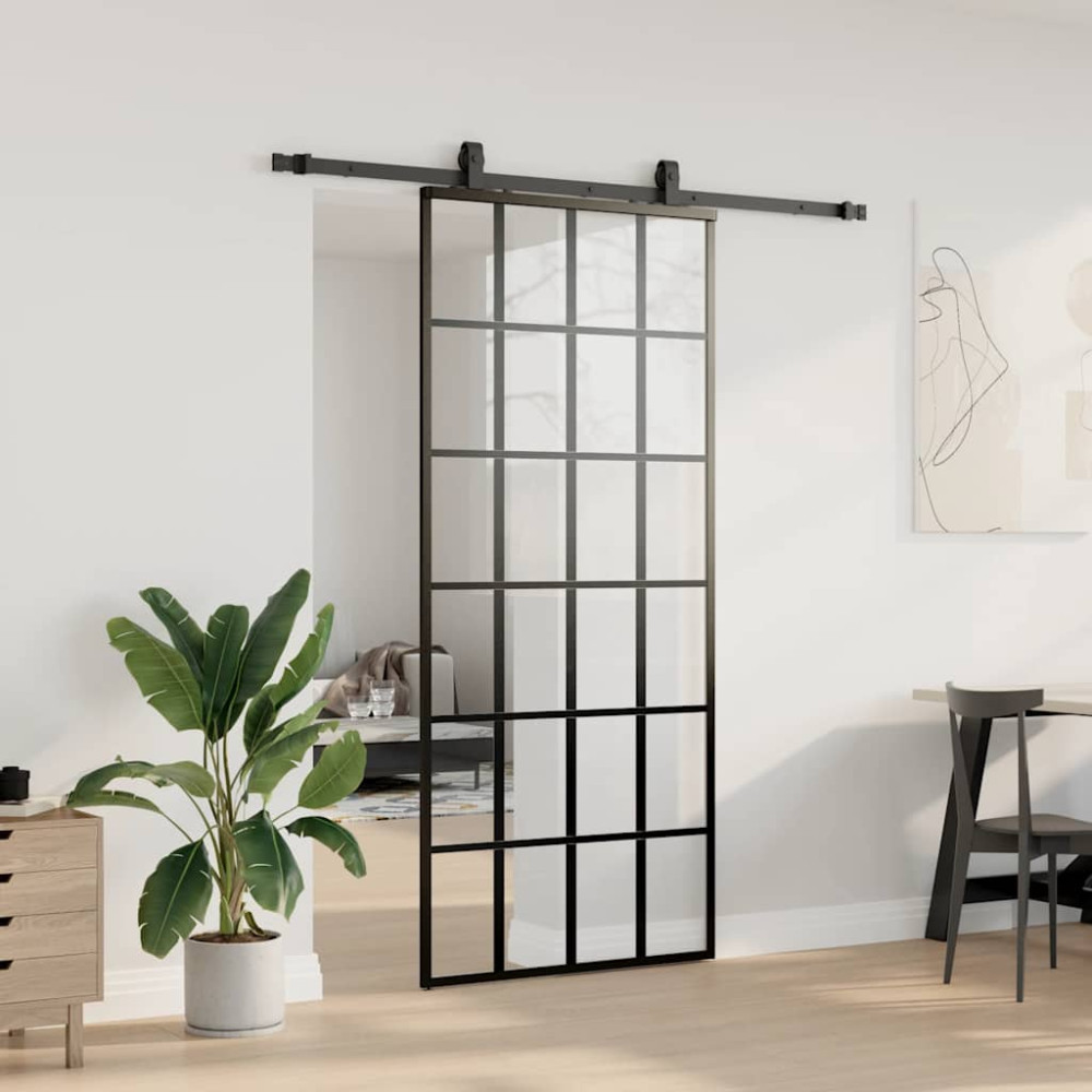 Produktbild för Skjutdörr med beslag svart 90x205 cm ESG-glas