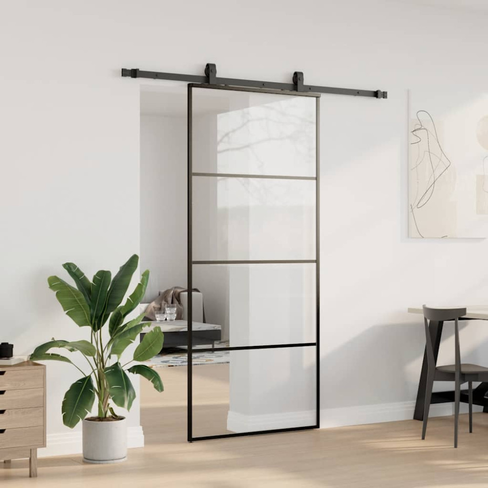 Produktbild för Skjutdörr med beslag svart 90x205 cm ESG-glas