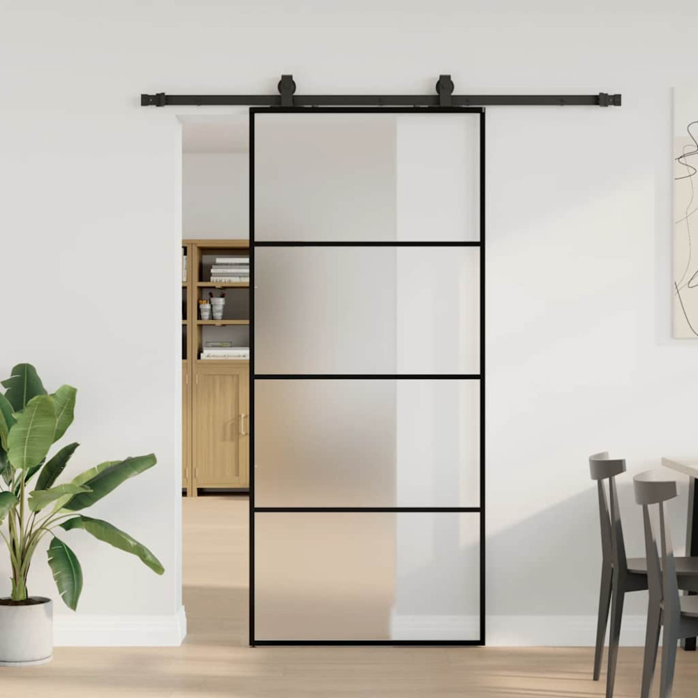 Produktbild för Skjutdörr med beslag svart 90x205 cm ESG-glas