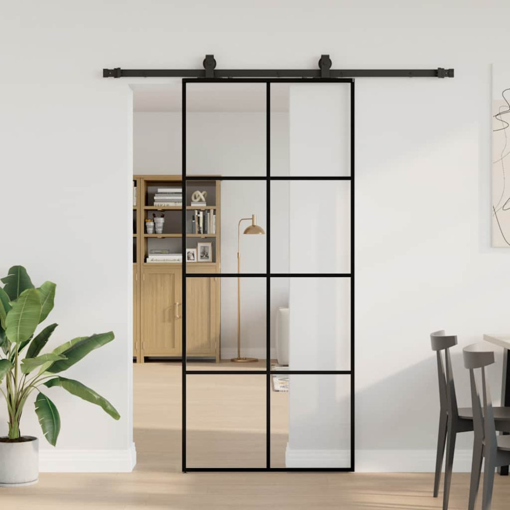 Produktbild för Skjutdörr med beslag svart 90x205 cm ESG-glas