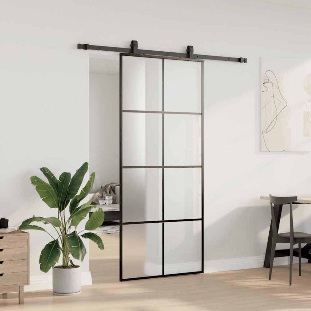 Produktbild för Skjutdörr med beslag svart 90x205 cm ESG-glas