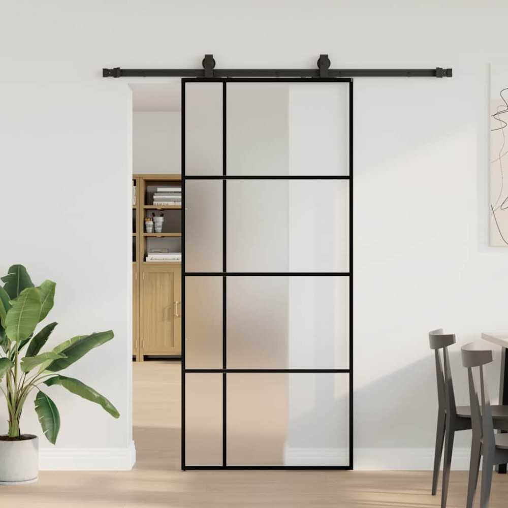 Produktbild för Skjutdörr med beslag svart 90x205 cm ESG-glas
