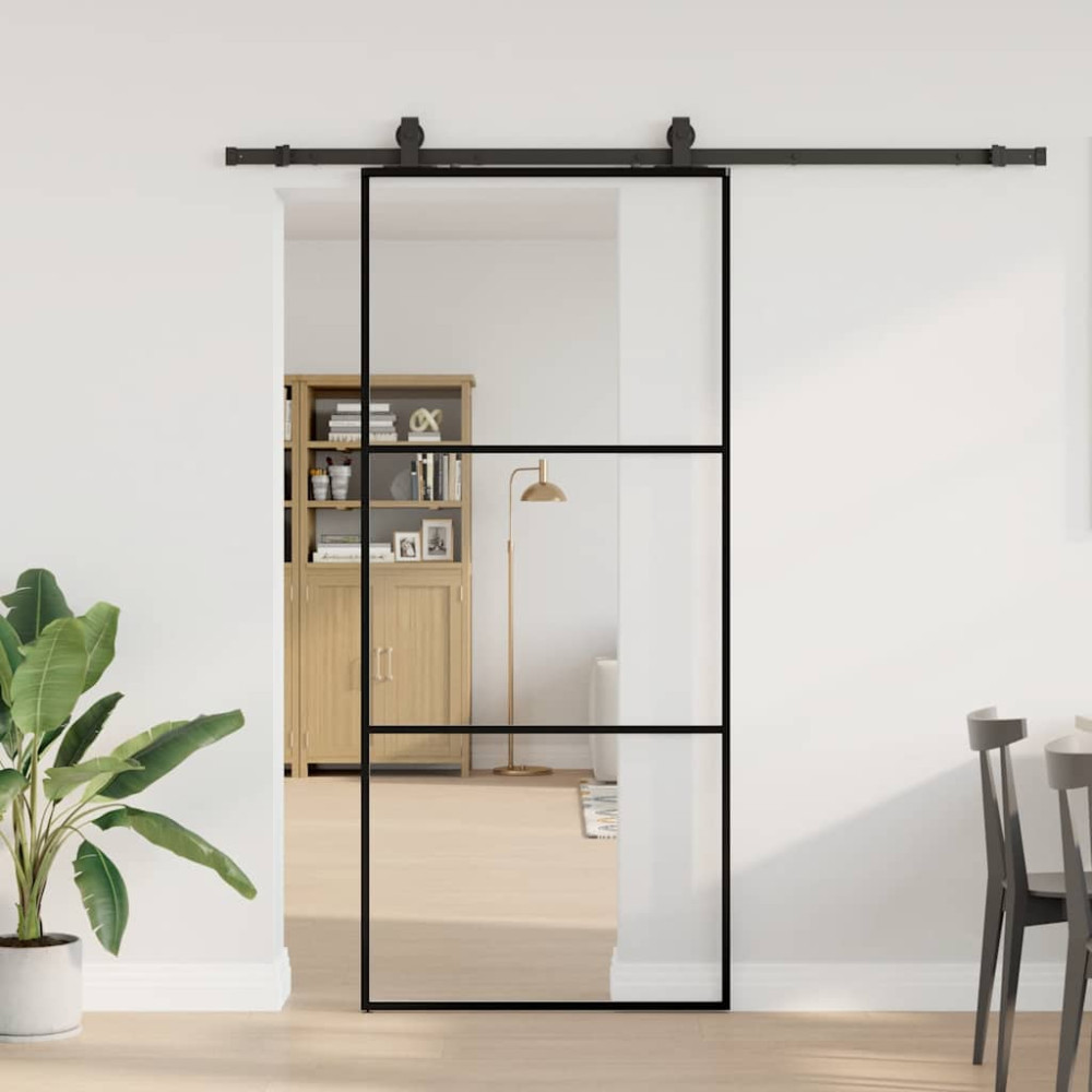 Produktbild för Skjutdörr med beslag svart 90x205 cm ESG-glas