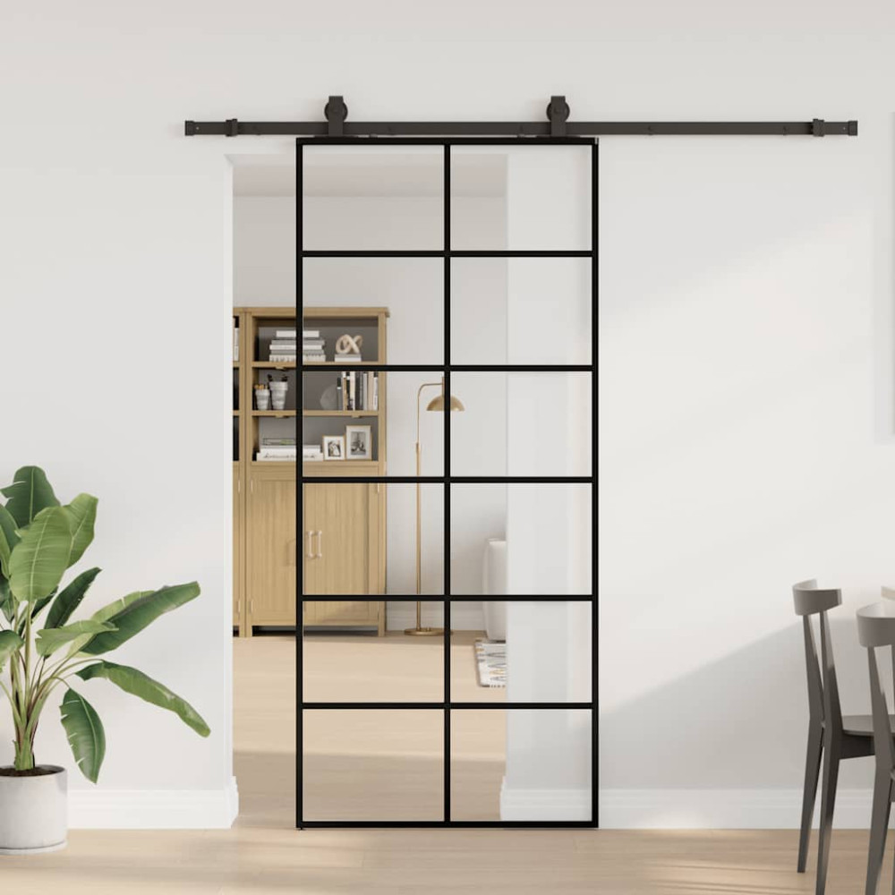 Produktbild för Skjutdörr med beslag svart 90x205 cm ESG-glas