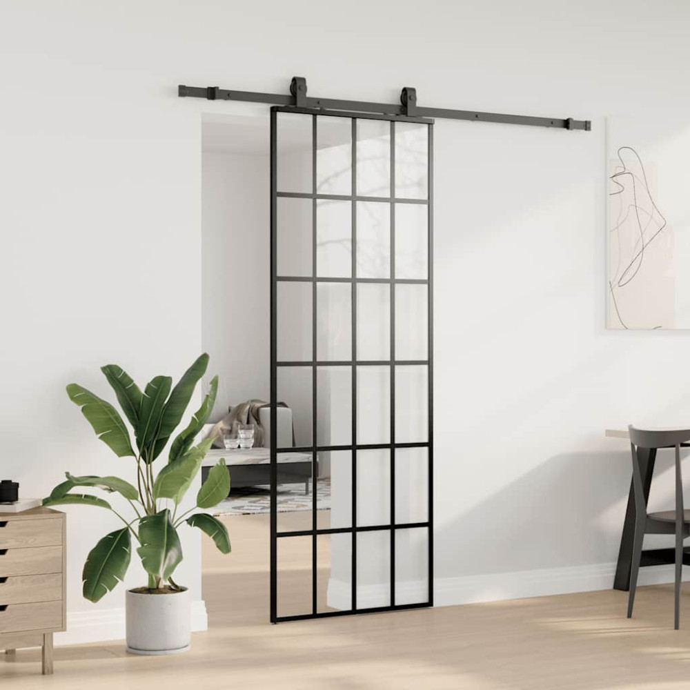 Produktbild för Skjutdörr med beslag svart 76x205 cm ESG-glas