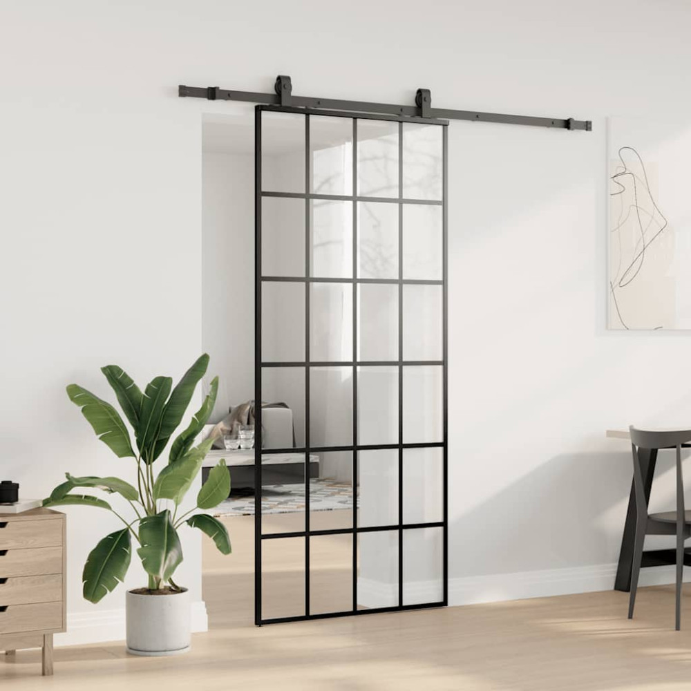Produktbild för Skjutdörr med beslag svart 90x205 cm ESG-glas