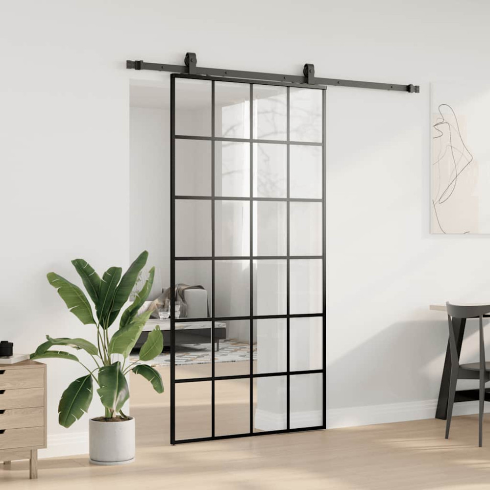 Produktbild för Skjutdörr med beslag svart 102x205 cm ESG-glas