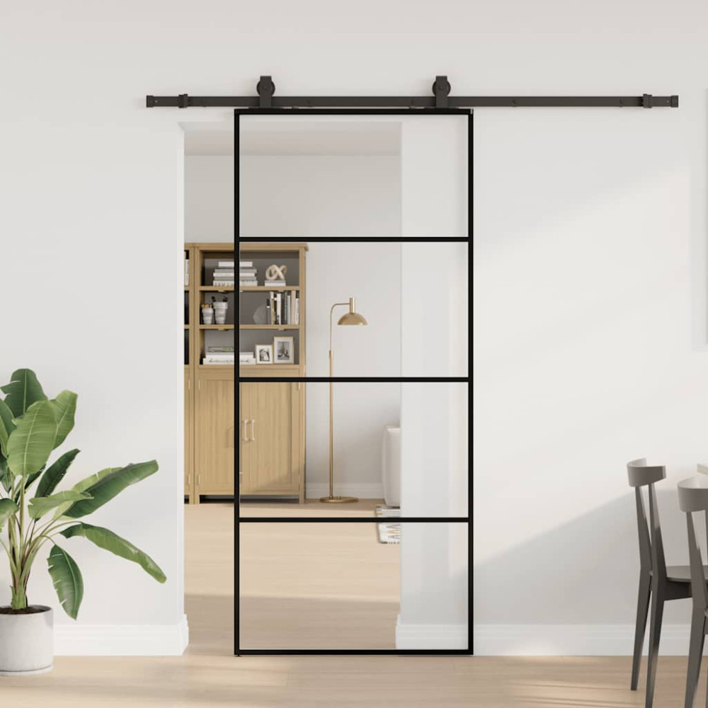 Produktbild för Skjutdörr med beslag svart 90x205 cm ESG-glas