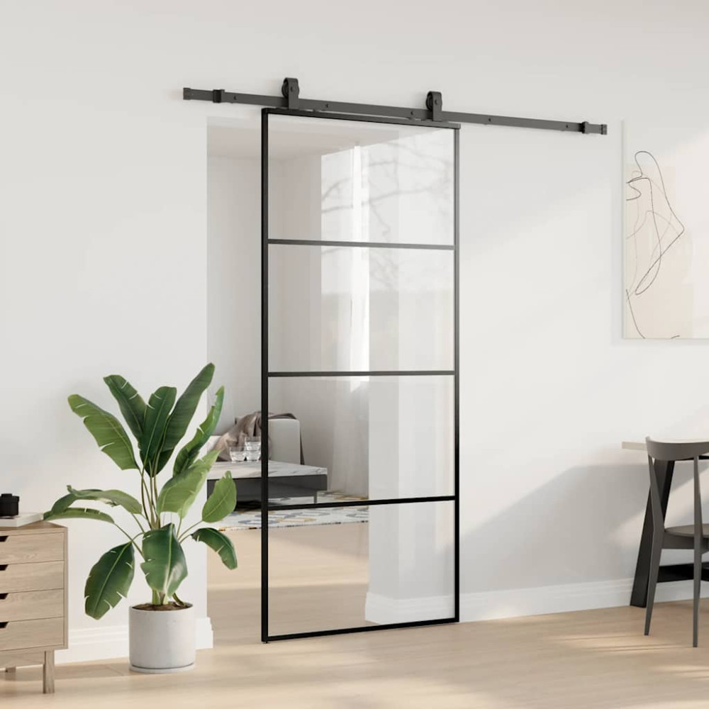 Produktbild för Skjutdörr med beslag svart 90x205 cm ESG-glas