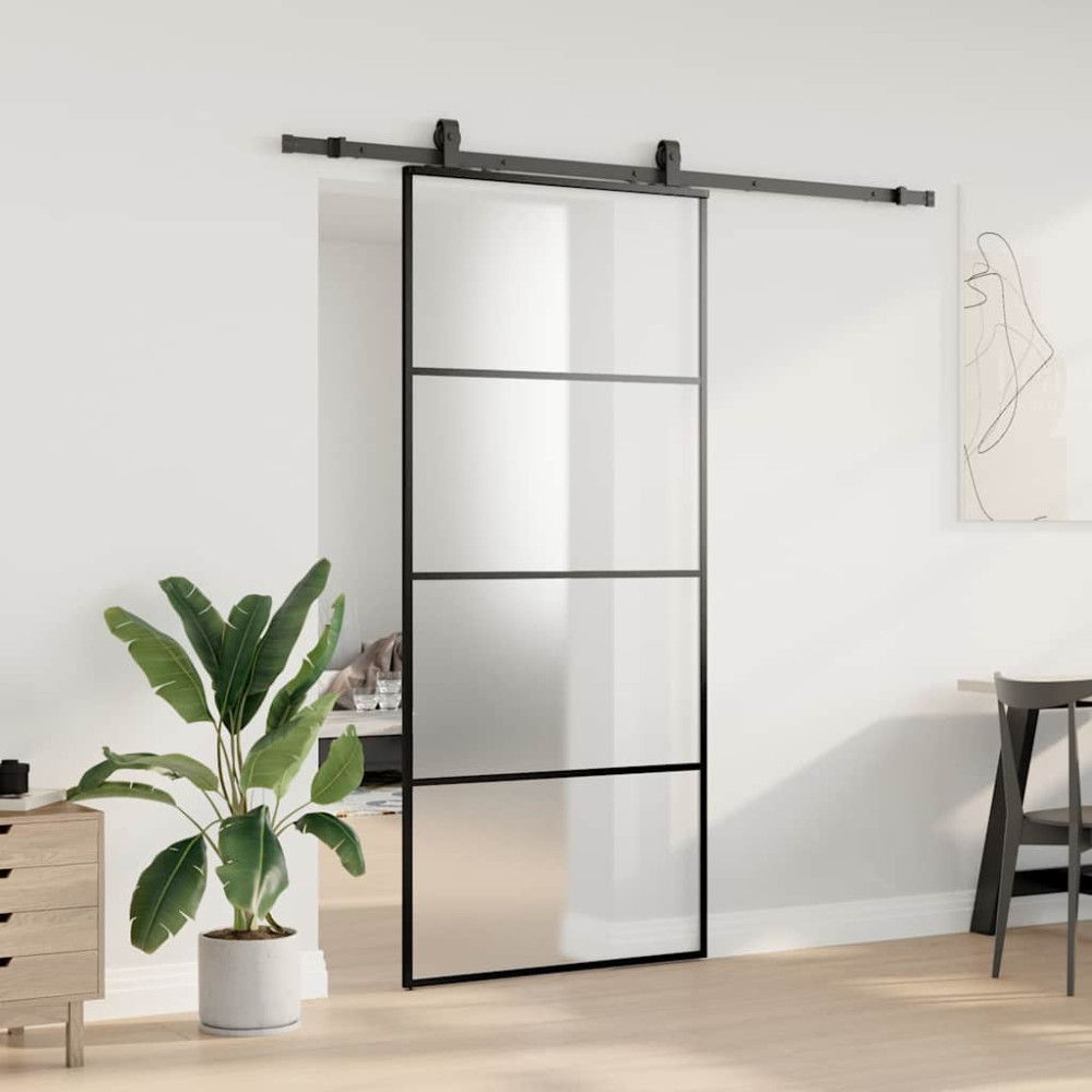 Produktbild för Skjutdörr med beslag svart 90x205 cm ESG-glas