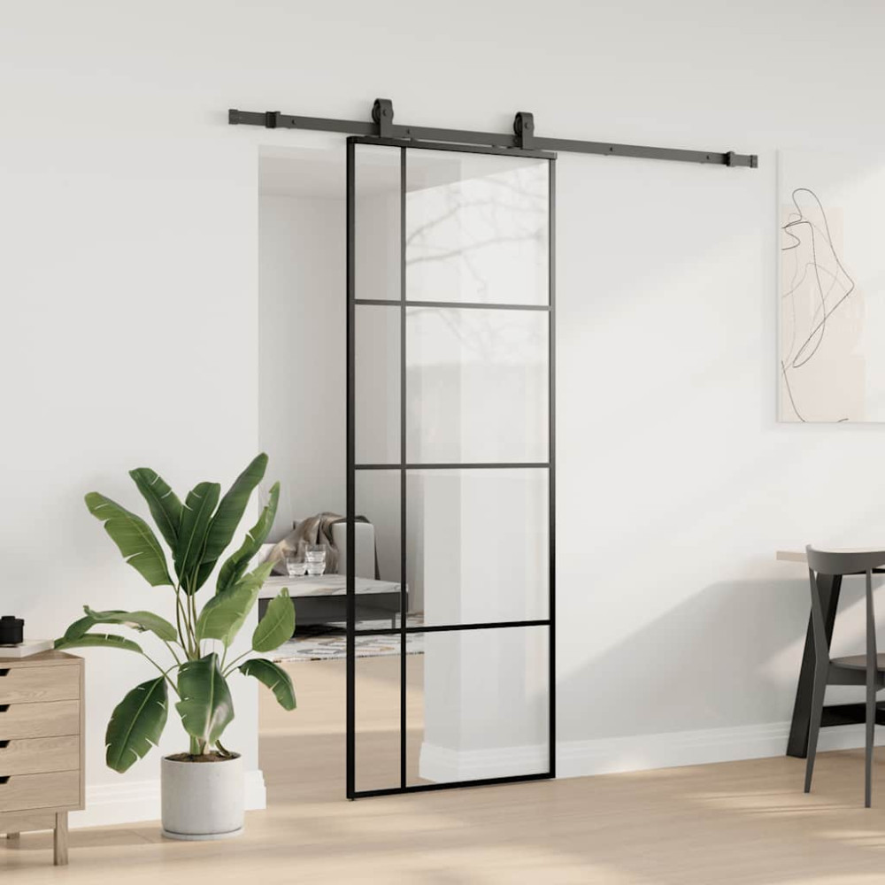 Produktbild för Skjutdörr med beslag svart 76x205 cm ESG-glas