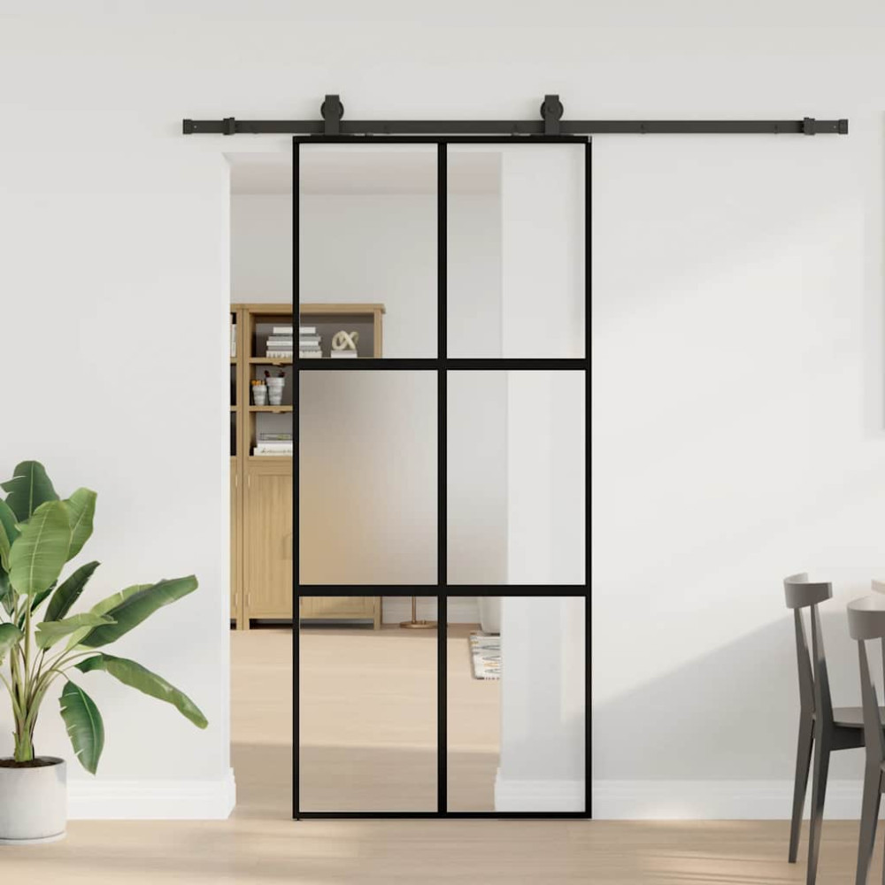 Produktbild för Skjutdörr med beslagssats svart 90x205 cm härdat glas