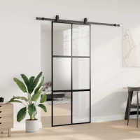 Produktbild för Skjutdörr med beslagssats svart 90x205 cm härdat glas
