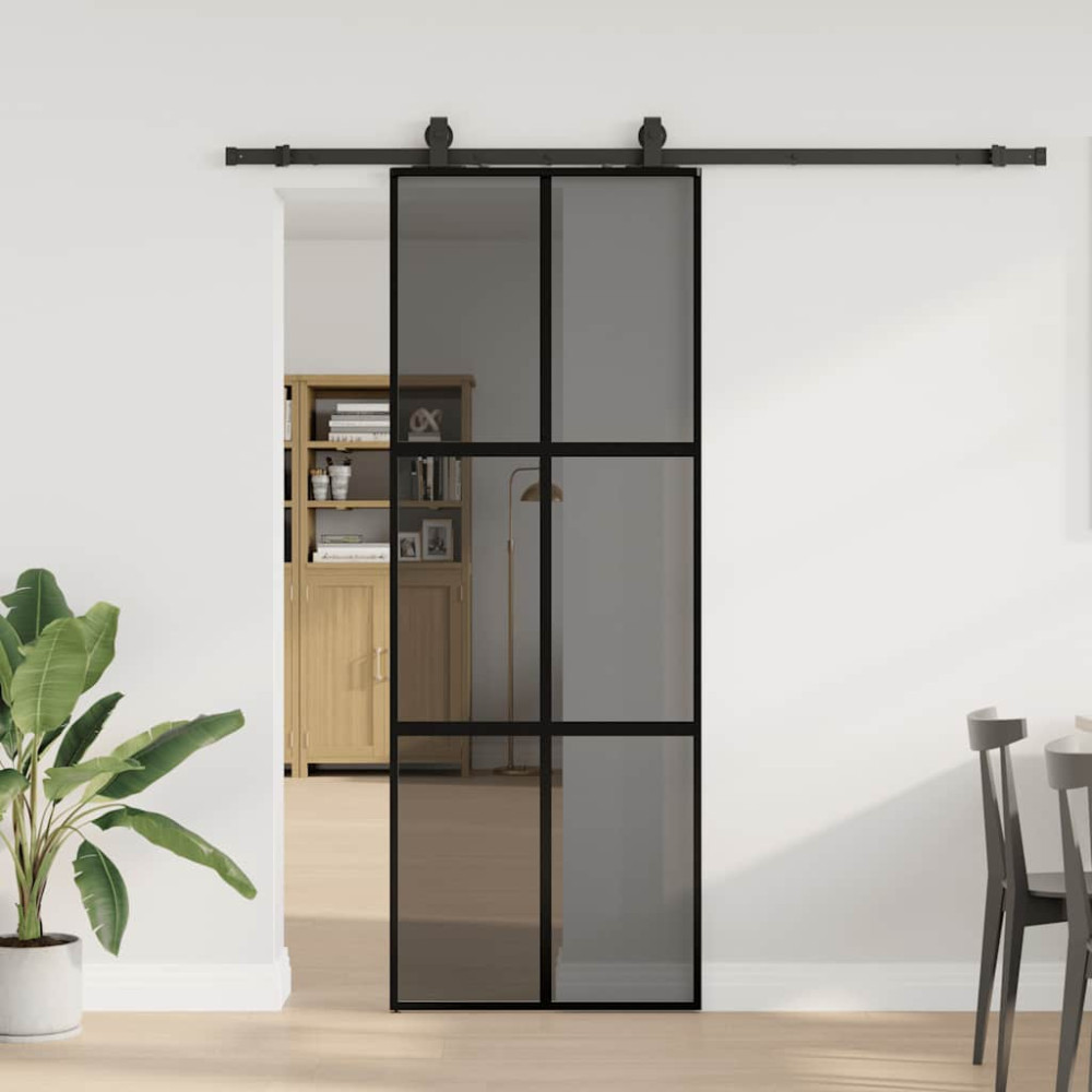 Produktbild för Skjutdörr med beslag svart 76x205 cm härdat glas