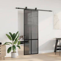 Produktbild för Skjutdörr med beslag svart 76x205 cm härdat glas