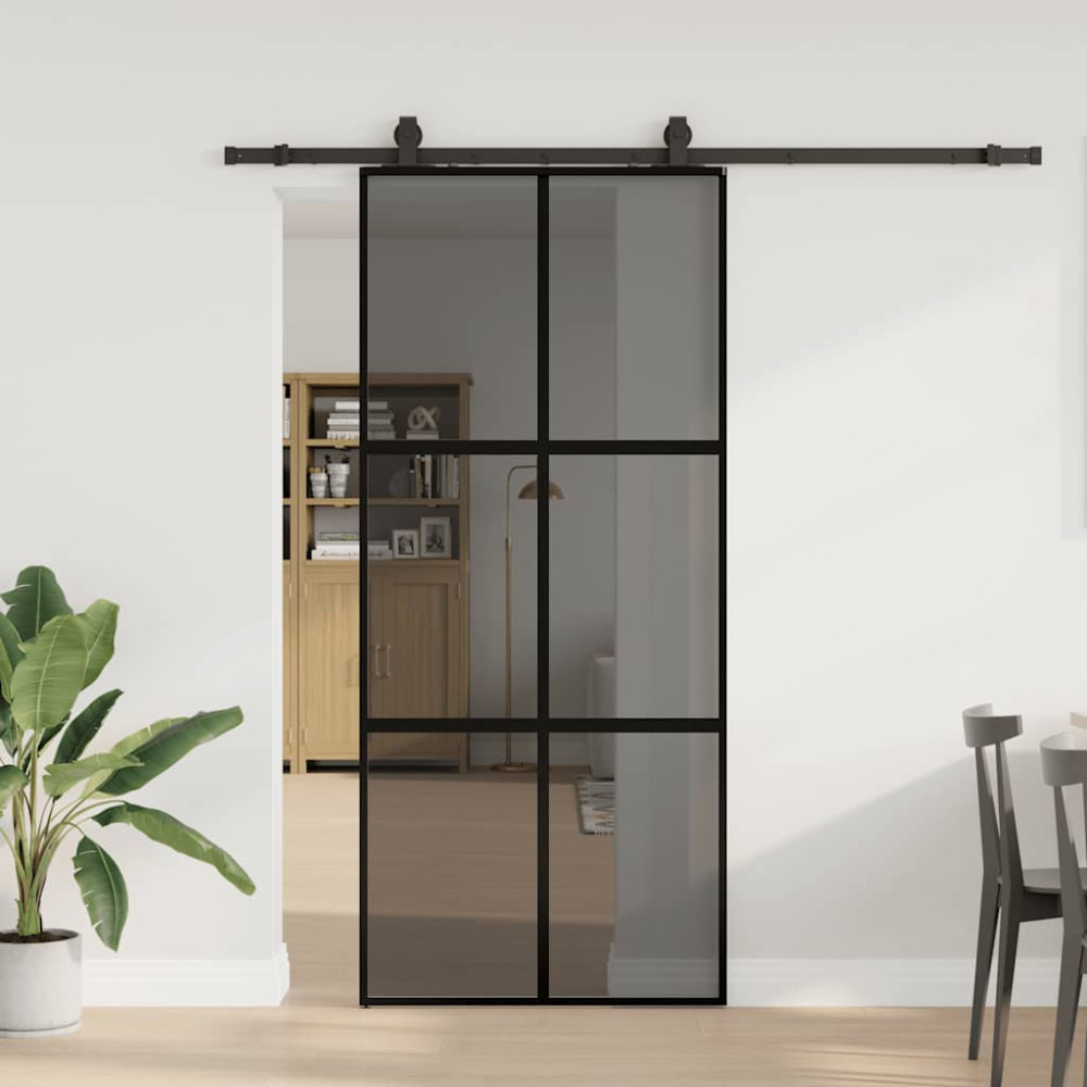 Produktbild för Skjutdörr med beslagssats svart 90x205 cm härdat glas