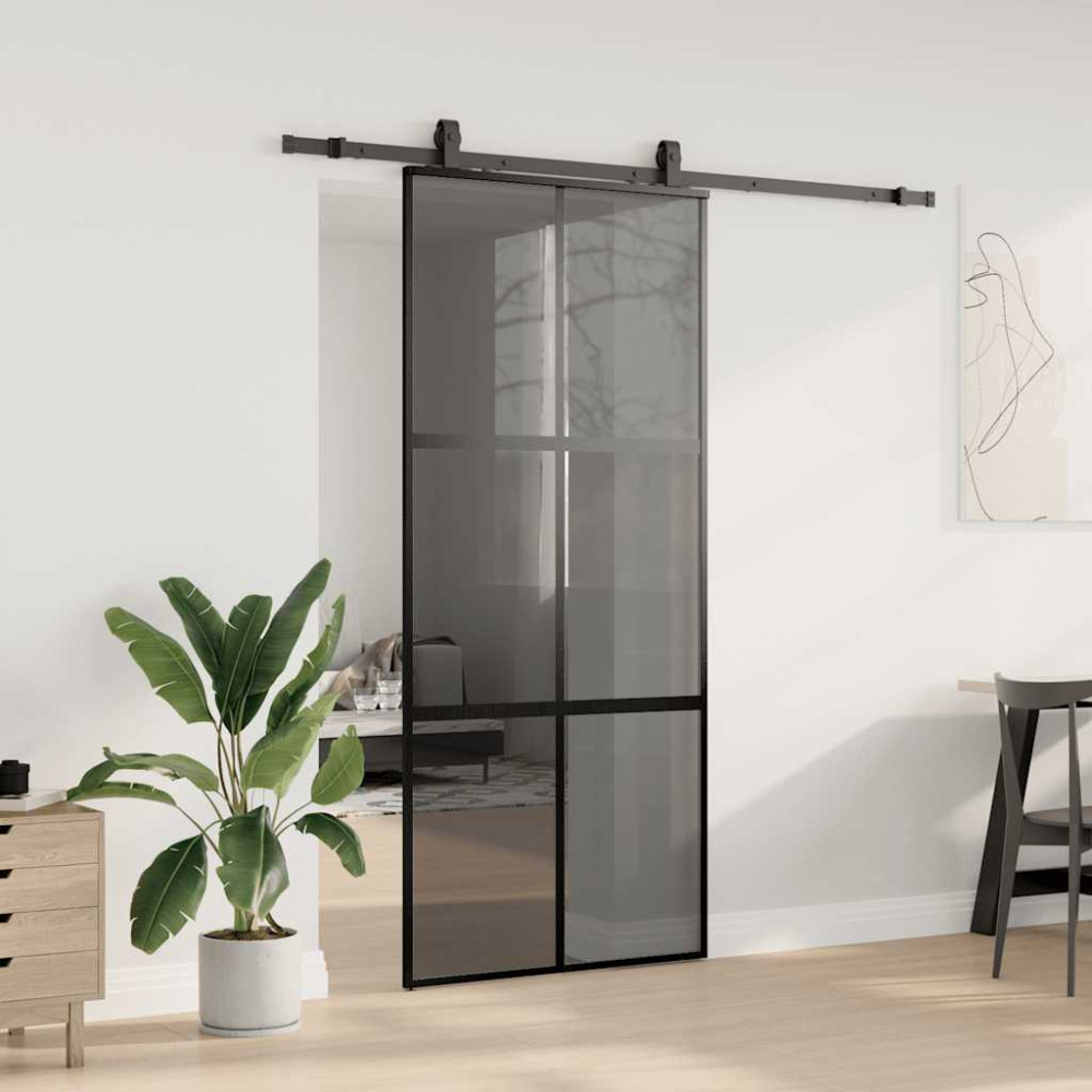 Produktbild för Skjutdörr med beslagssats svart 90x205 cm härdat glas