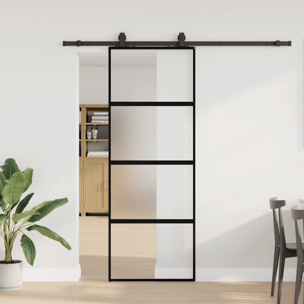Produktbild för Skjutdörr med beslag svart 76x205 cm härdat glas