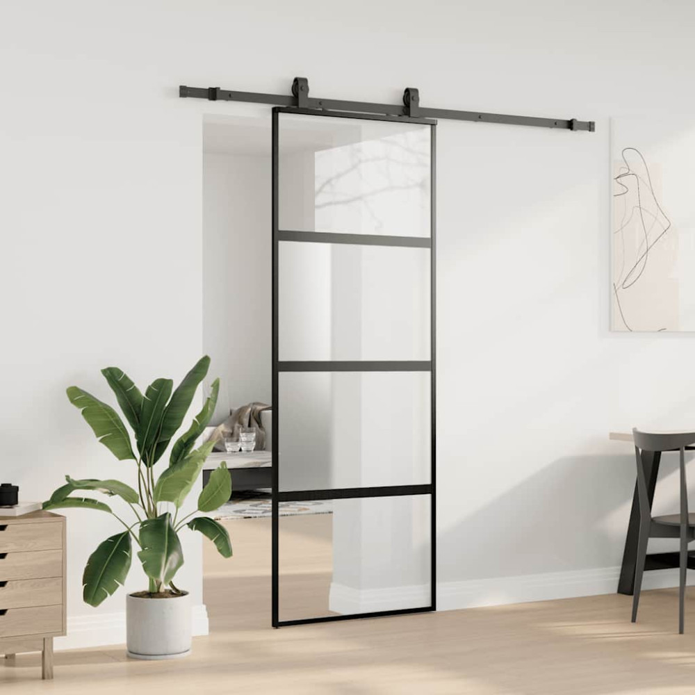 Produktbild för Skjutdörr med beslag svart 76x205 cm härdat glas