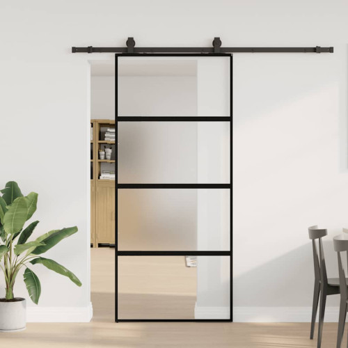 vidaXL Skjutdörr med beslagssats svart 90x205 cm härdat glas