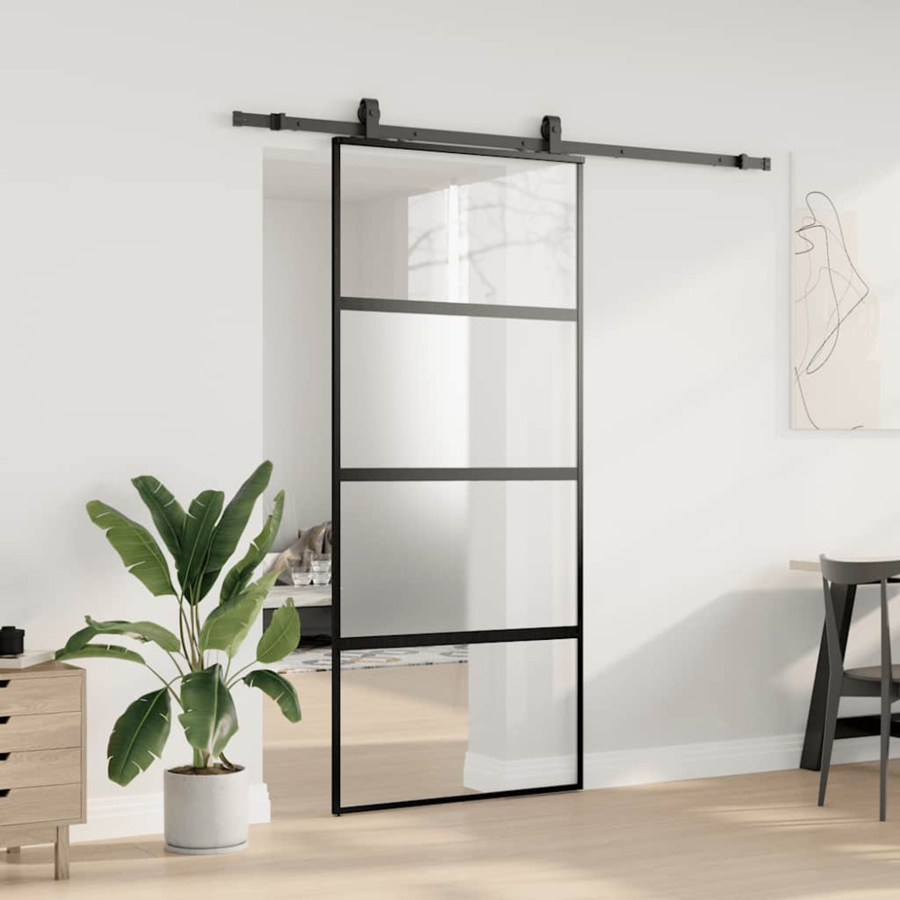 Produktbild för Skjutdörr med beslagssats svart 90x205 cm härdat glas