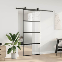 Produktbild för Skjutdörr med beslagssats svart 90x205 cm härdat glas