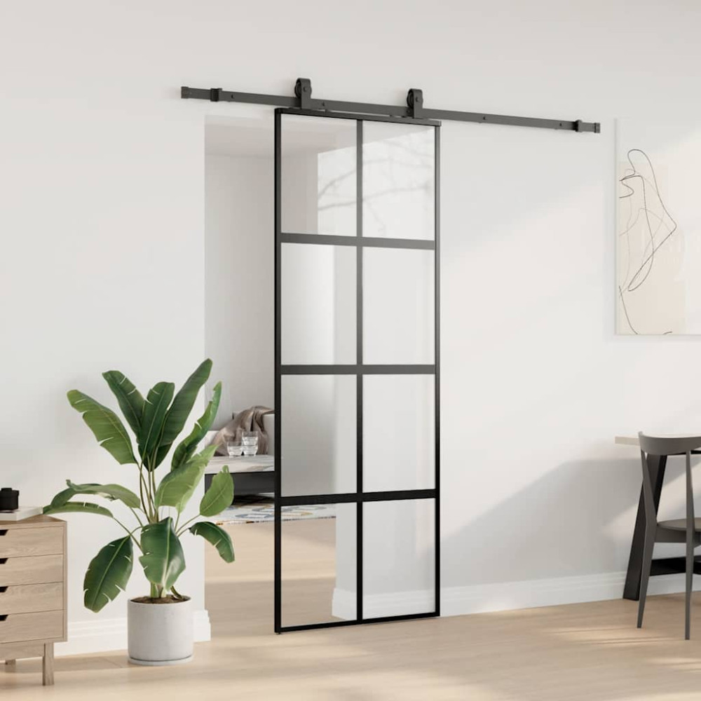 Produktbild för Skjutdörr med beslag svart 76x205 cm härdat glas