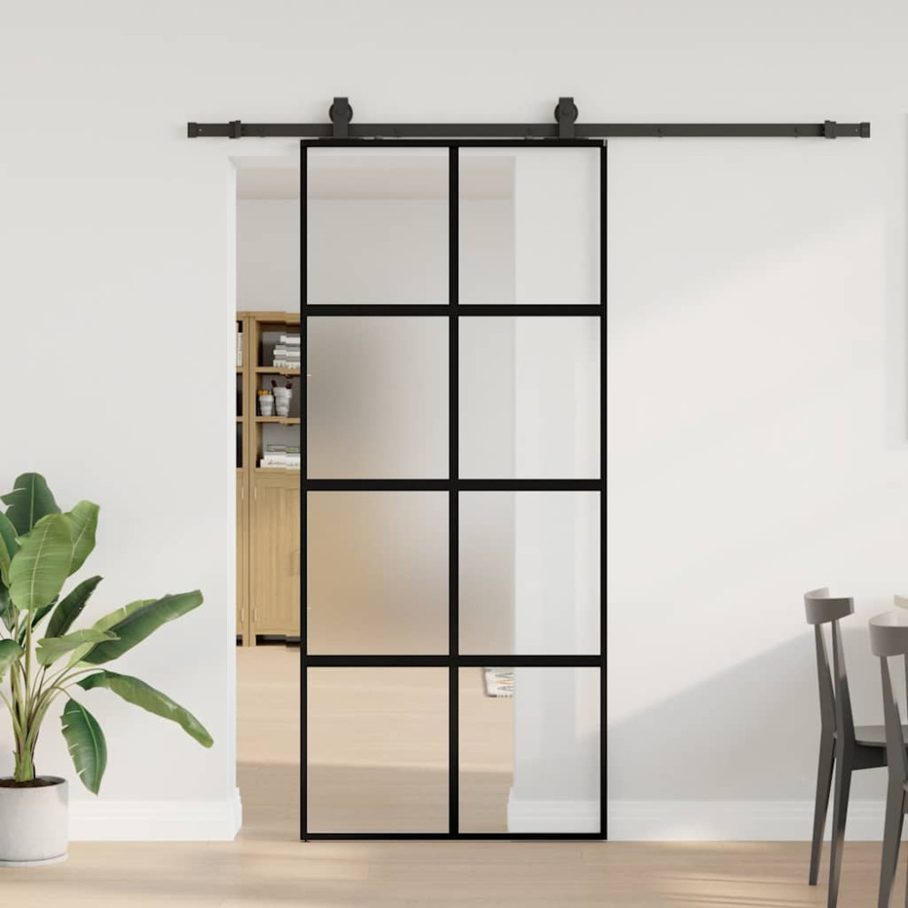 Produktbild för Skjutdörr med beslagssats svart 90x205 cm härdat glas