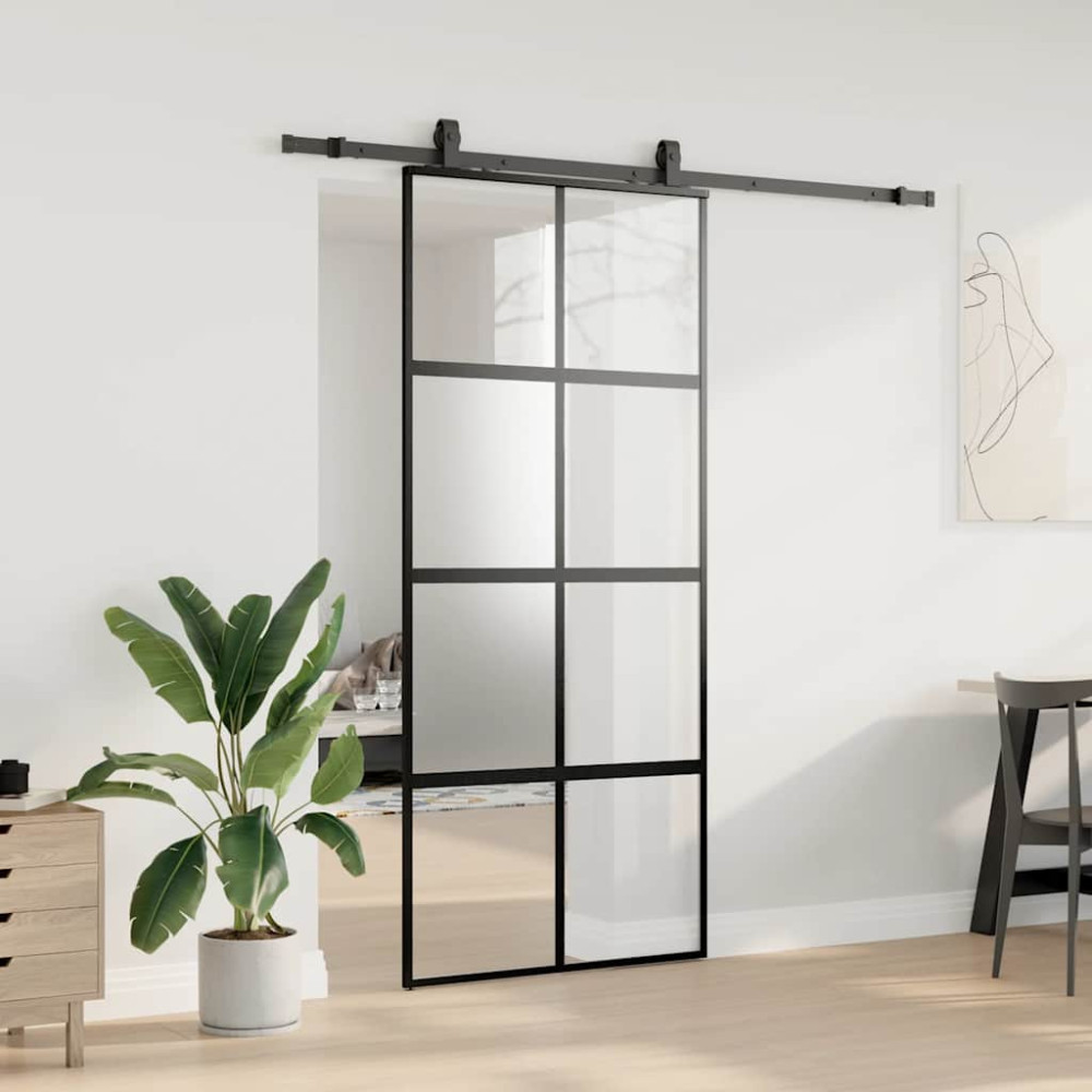 Produktbild för Skjutdörr med beslagssats svart 90x205 cm härdat glas