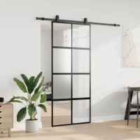 Produktbild för Skjutdörr med beslagssats svart 90x205 cm härdat glas