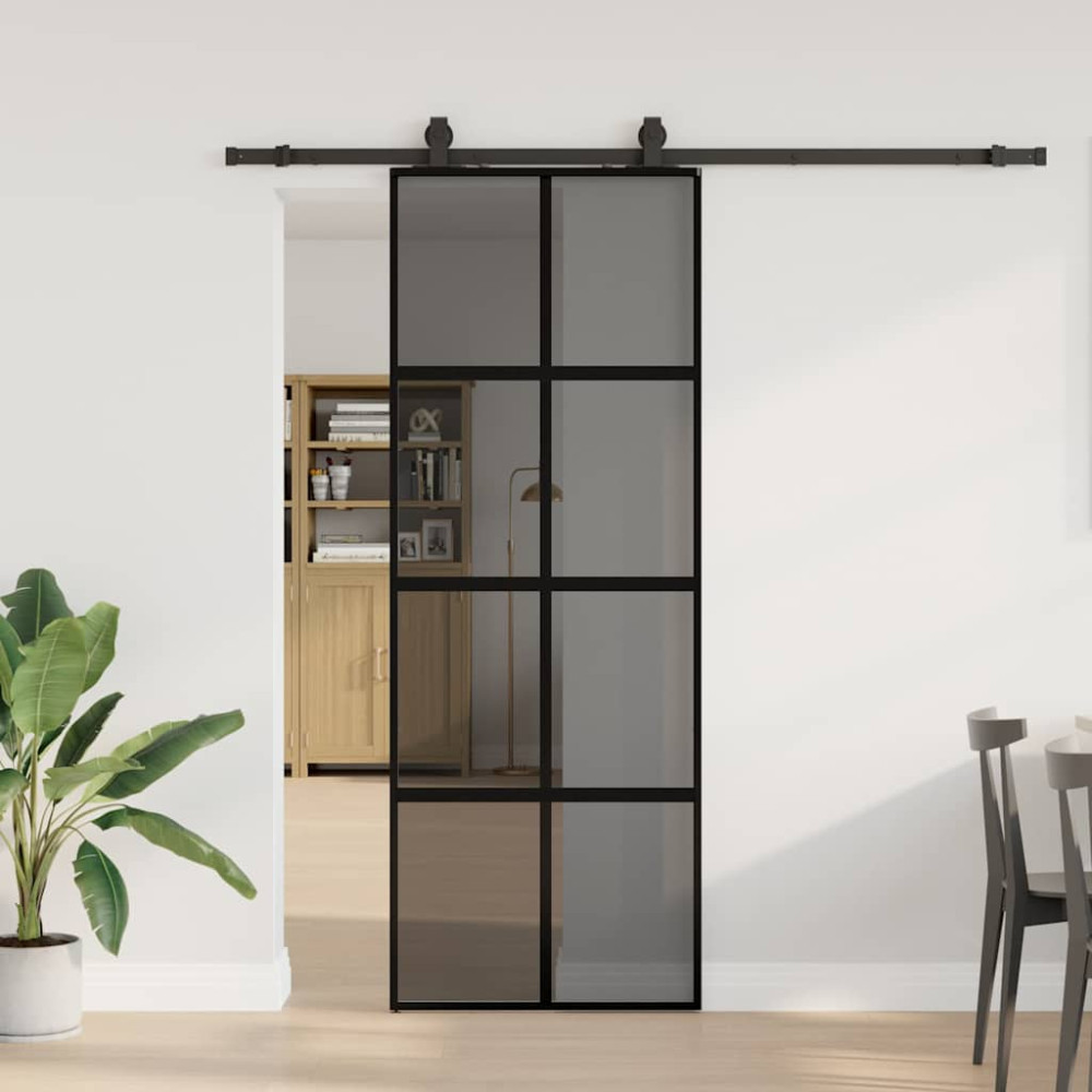 Produktbild för Skjutdörr med beslag svart 76x205 cm härdat glas