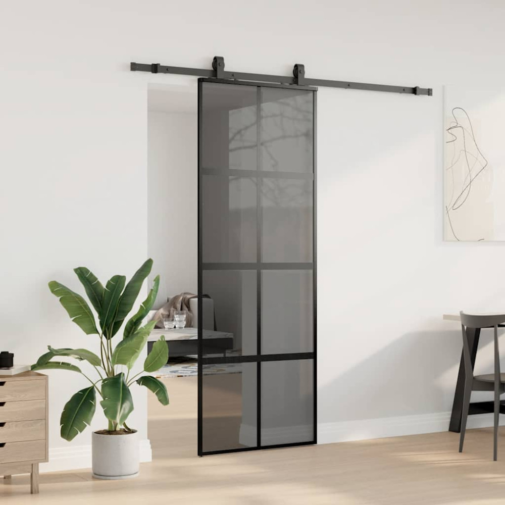 Produktbild för Skjutdörr med beslag svart 76x205 cm härdat glas