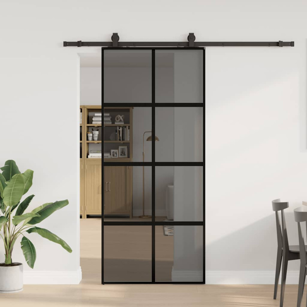 Produktbild för Skjutdörr med beslagssats svart 90x205 cm härdat glas