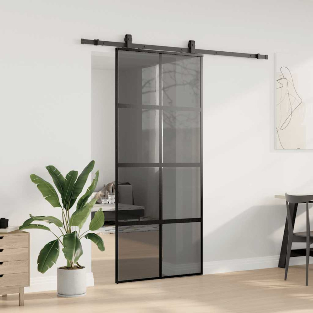 Produktbild för Skjutdörr med beslagssats svart 90x205 cm härdat glas