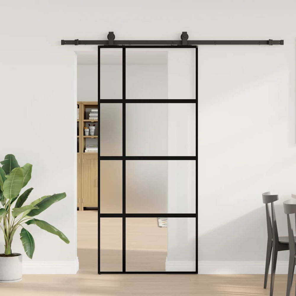 Produktbild för Skjutdörr med beslagssats svart 90x205 cm härdat glas