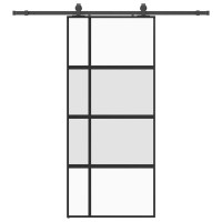 Produktbild för Skjutdörr med beslagssats svart 90x205 cm härdat glas