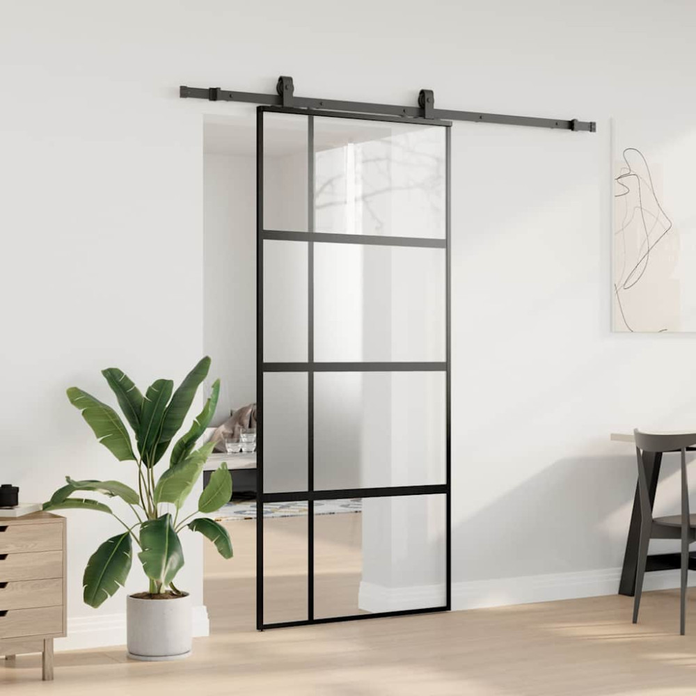 Produktbild för Skjutdörr med beslagssats svart 90x205 cm härdat glas