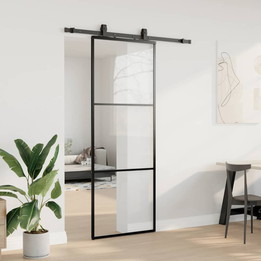 Produktbild för Skjutdörr med beslag svart 76x205 cm ESG-glas