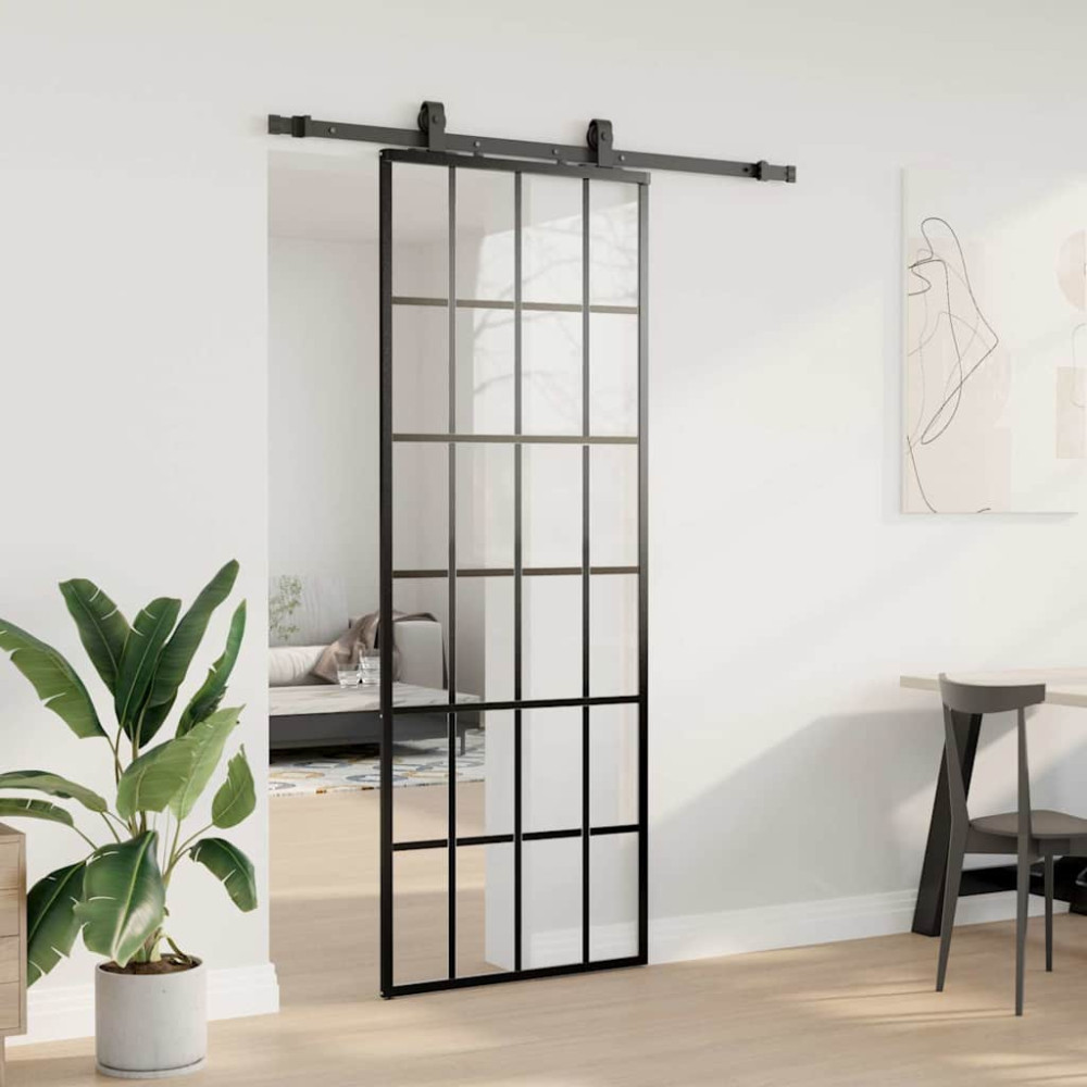 Produktbild för Skjutdörr med beslag svart 76x205 cm ESG-glas