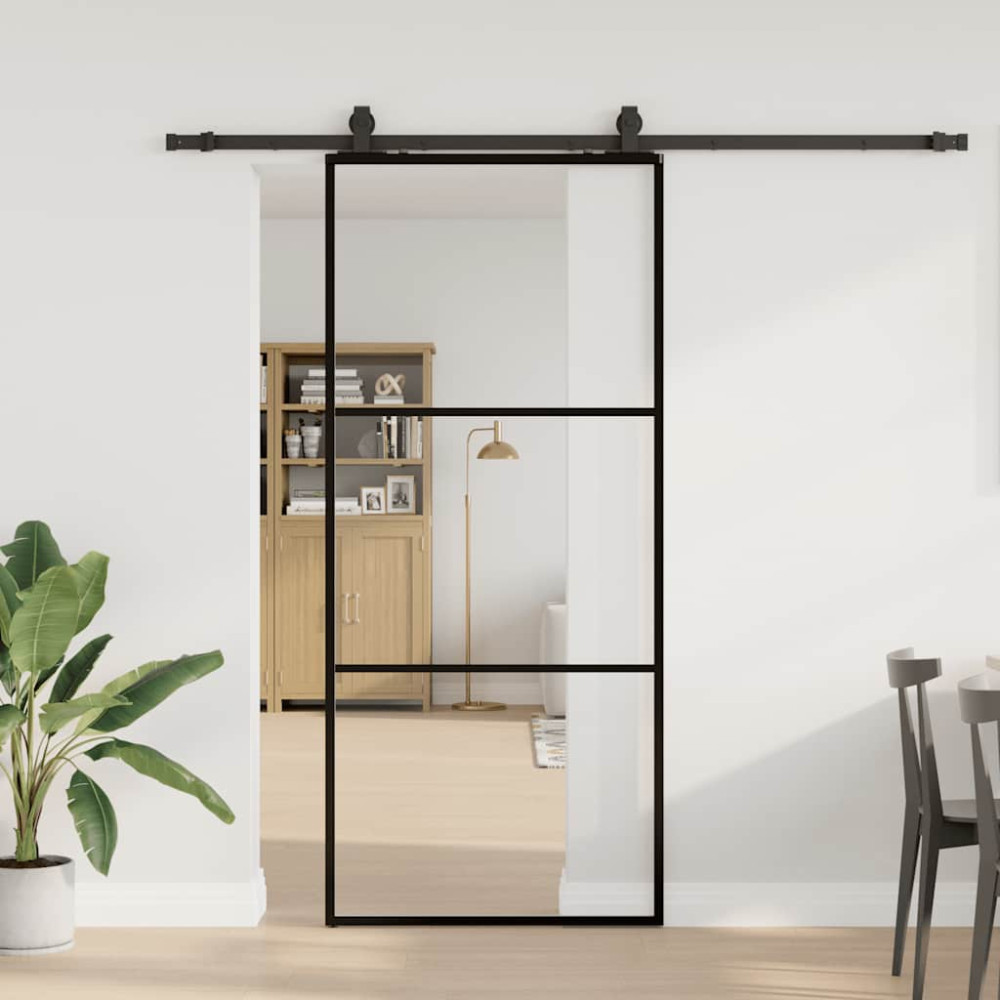 Produktbild för Skjutdörr med beslag svart 90x205 cm ESG-glas