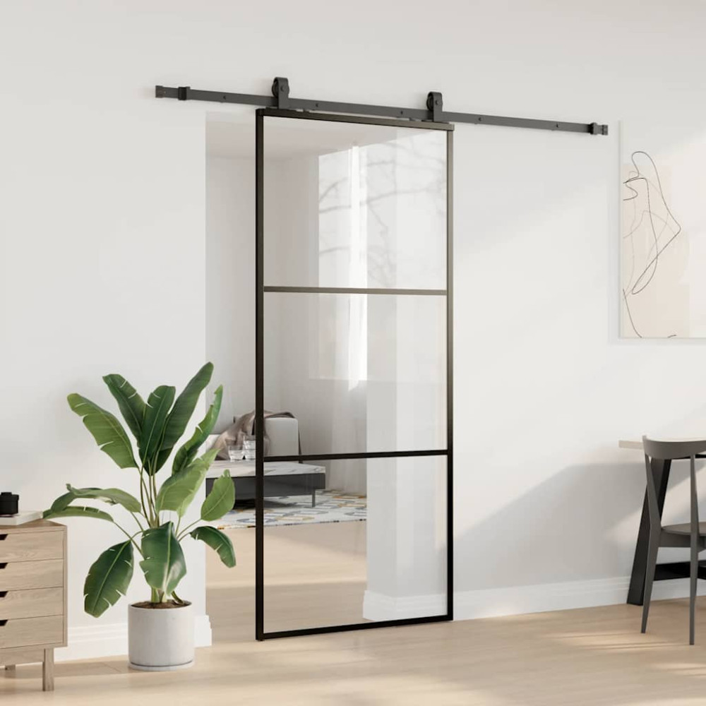 Produktbild för Skjutdörr med beslag svart 90x205 cm ESG-glas