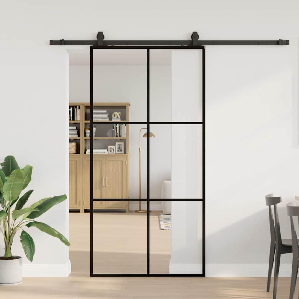 Produktbild för Skjutdörr med beslag svart 102x205 cm ESG-glas