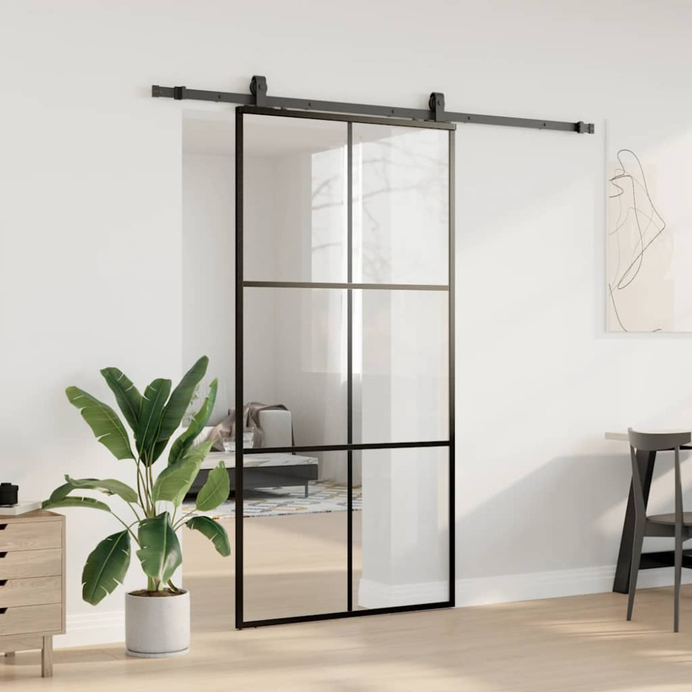 Produktbild för Skjutdörr med beslag svart 102x205 cm ESG-glas