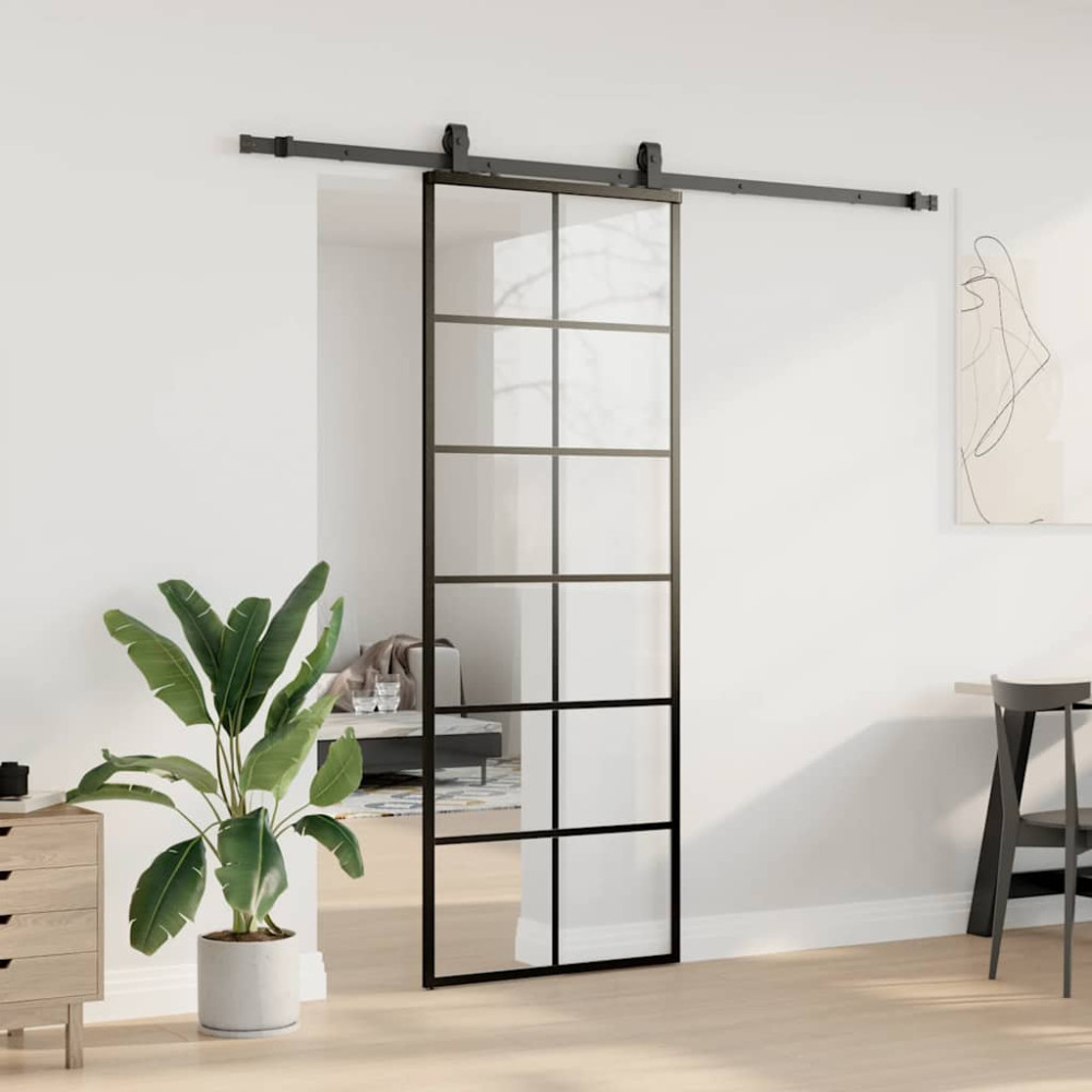 Produktbild för Skjutdörr med beslag svart 76x205 cm ESG-glas