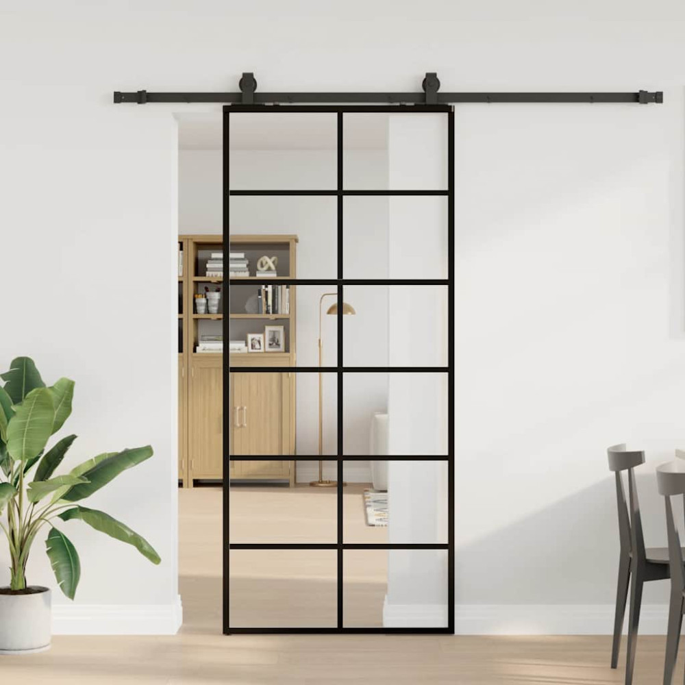 Produktbild för Skjutdörr med beslag svart 90x205 cm ESG-glas